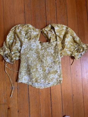 Anthropologie Mustard Yellow Floral Smocked Puff Sleeve Top